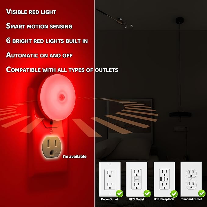 myCozyLite Red Motion Sensor Night Light, Red Light for Sleep, Night Lights Plug into Wall, Automatic ON Off, 2 Pack Motion Night Light for Bedroom, Bathroom, Kitchen, Hallways