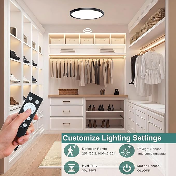 9 Inch Motion Sensor Ceiling Light Indoor,Motion Sensor Fixture Indoor for Closet Hallway Laundry Porch Pantry, Hard Wired Sensor Ceiling Light Black