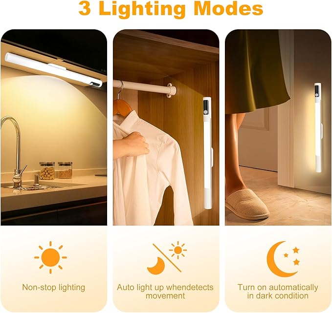 15.2inch Under Cabinet Lighting,2 Pack Sensor Light Indoor with Battery Level Display Function,Closet Light can be Disassembled for Handheld use,Wireless Under Counter Lights fo Bedroom, Kitchen