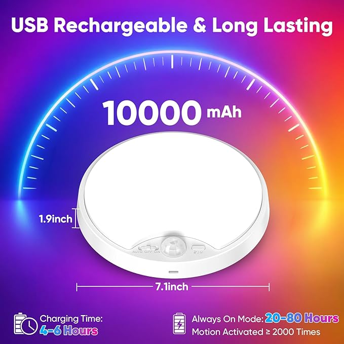 2-Pack 10000mAh RGB Rechargeable Motion Sensor Ceiling Light with Remote, Battery Operated Closet Light No Wiring, Magnetic Wireless LED Ceiling Lights,3 Color Indoor Overhead Lamp for Shower Hallway