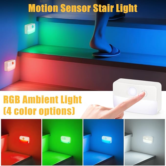 Guankai 16 Pack Motion Sensor Stair Lights for Indoor, Wireless RGB Battery Operated Night Light, Led Stick On Hallway Closet Under Cabinet Stairway Automatic Lamp for Bedroom Kitchen Bathroom