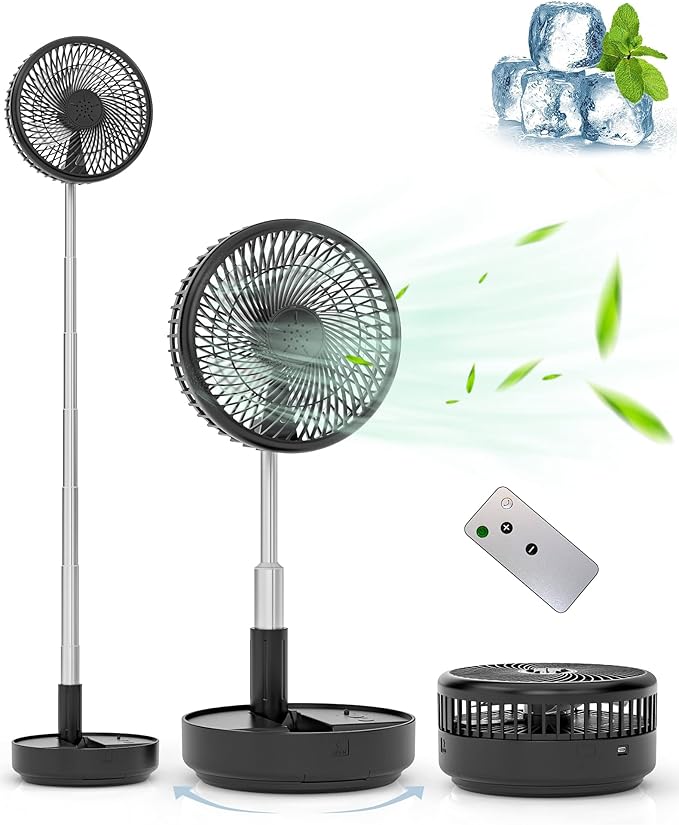 Primevolve Portable Fan, |21H Battery|7200mAh Rechargeable Oscillating Fan with Remote, Foldable Telescopic 7.7" for Travel Camping Cruise Hotel Bedroom, Black