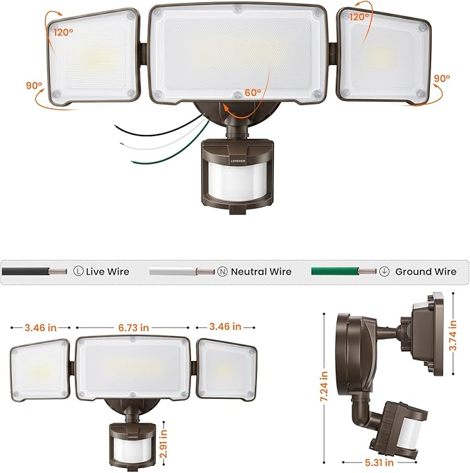 LEPOWER LED Security Light Motion Sensor Light Outdoor, 38W 4200LM Motion Security Light, 5500K, IP65 Waterproof, 3 Head Motion Detected Flood Light for Garage, Yard, Porch (Brown)