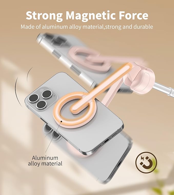 TONEOF 68" Magnetic Selfie Stick Tripod with Aluminum Strong Magnetic Holder for Magsafe, 360° Rotatable Travel Phone Tripod Stand with Metal Ring & Rechargeable Remote for iPhone/Android（Pink）