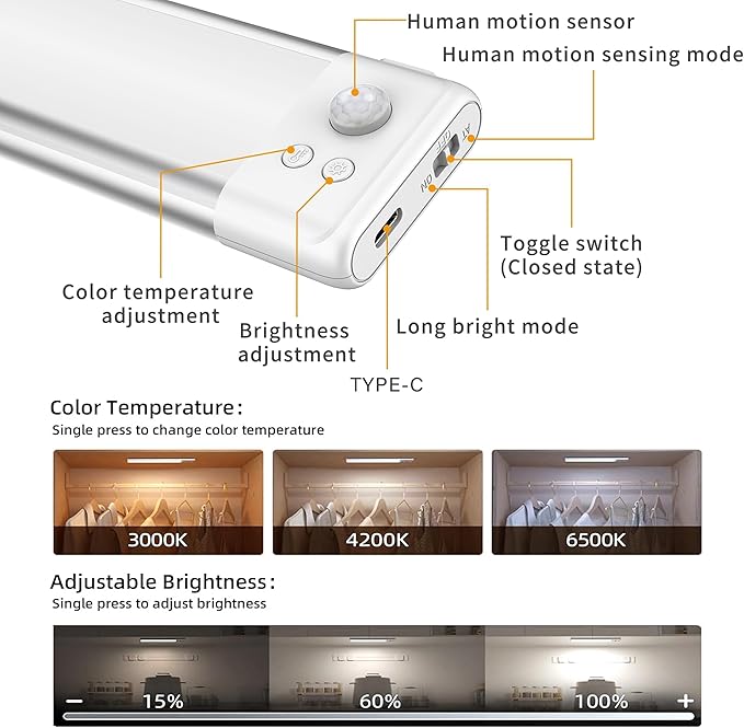 SyouHome 15.7inch Under Cabinet Lighting Rechargeable, 100 LED Super Bright, Motion Sensor, 3 Color Temps & Dimmable, Long Lasting Wireless Magnetic Closet Light for Kitchen, Pantry, Stairs (2 Pack)