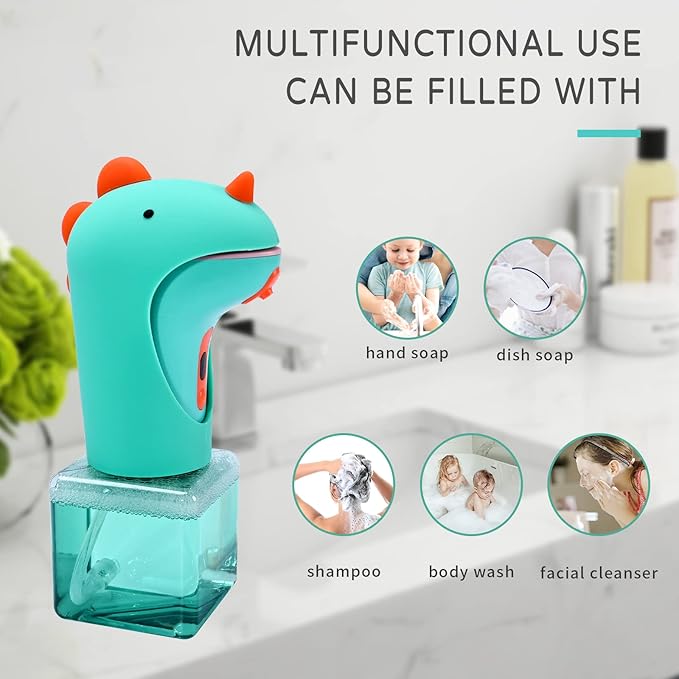 Automatic Soap Dispenser, Cute Touchless Foaming Soap Dispenser, IPX6 Waterproof, 2 Levels Foam Adjustable, Smart Hand Dispenser for Bathroom Kitchen 8.7oz/250ml (Dinosaur)