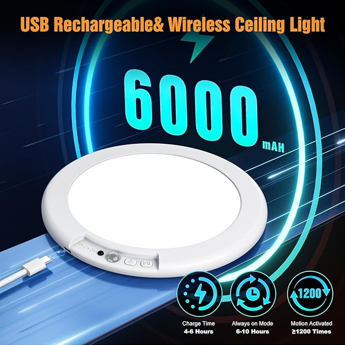 Rechargeable Motion Sensor Ceiling Light, No Wiring Closet Light Battery Operated with Remote Dimmable Timing, Magnetic Motion Activated Shower Light for Closet Shower Bathroom Hallway
