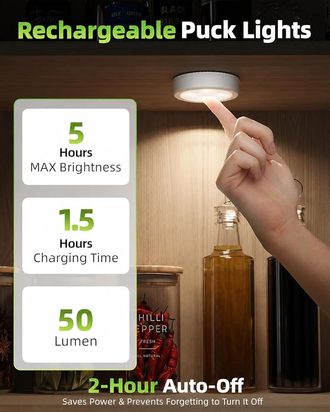 EZVALO LED Puck Lights, 6Pack Rechargeable Battery Touch Light, 2.5'' Mini Tap Lights, Wireless Closet Light, Under Cabinet Lighting, 3 Color & 83 RGB, Stick On Lights for Kitchen,Pantry,Shelves