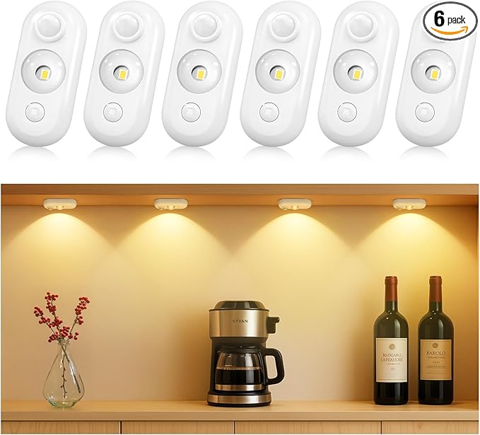 LED Motion Sensor Puck Lights, Small Rechargeable Under Cabinet Light, Dimmable Warm White Closet Lights, Lithium-ion Battery Wireless Under Cabinet Lighting for Drawer, Kitchen (6 Pack)