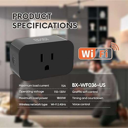 BXST WiFi Smart Plug 15A 1800W, Smart Outlet with Timer & Countdown, Voice Control with Alexa & Google Home, 2.4GHz WiFi Socket for Home Appliances, No Hub Required, CE FCC Listed, 1 Pack, Black