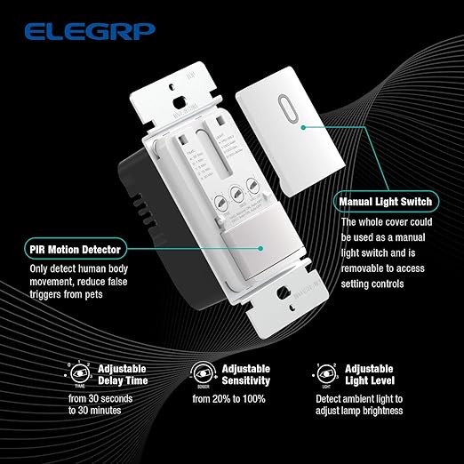 ELEGRP Single Pole Occupancy Motion Sensor Light Switch, Need Grounding Wire No Neutral Wire, 120° Sensor Coverage PIR Infrared Motion Activated, for CFL/LED/Incandescent Bulb, UL,1 Pack, Matte White