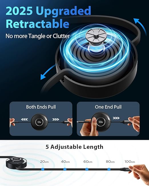 CAFELE Upgraded Retractable USB C Cable, 100W Multi Charging Cable, 3 in 1 Fast Charging Charger Cord with Type C/L/Micro USB Ports for Phone 16 15 14 Galaxy MacBook Pad, Travel for Multiple Devices