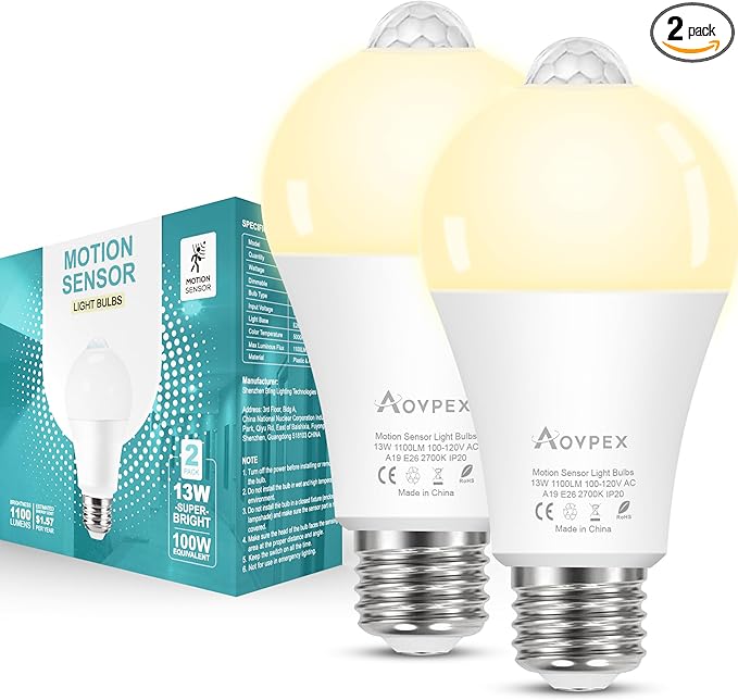 Motion Sensor Light Bulbs, 100W Equivalent Motion Activated Security Light Bulb, 2700K Warm White, Dusk to Dawn, E26 A19 LED Bulb, Auto On Off, Indoor Outdoor Lighting, 2 Pack