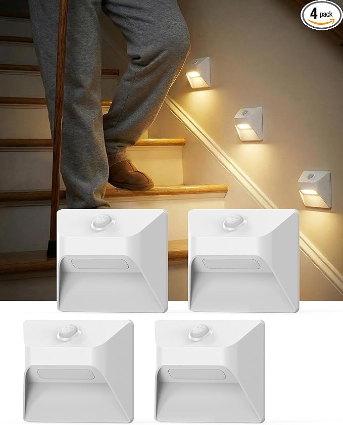 4 Pack 2200mAh Rechargeable Stair Lights Indoor, Step Lights Indoor with Magnetic Mount, Closet Lights, Stick-On Motion Sensor Lights for Stairs Hallway Bedroom Bathroom Cabinet (White)