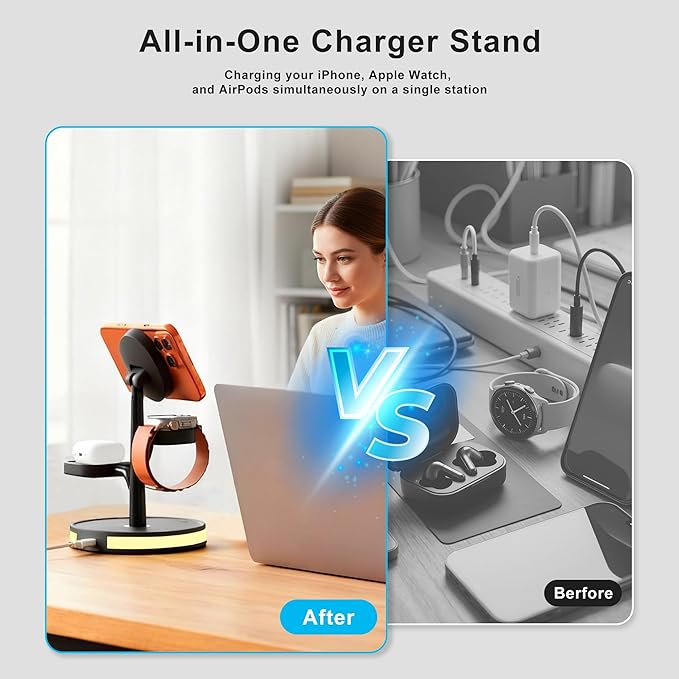3 in 1 Wireless Charging Station for Apple Device,Fast Charging Tree-Shaped Stand with 20W Adapter,Qi-Certified Charger for iPhone 12-17 Series,Apple Watch,AirPods,Perfect for Office,Nightstand,Dorm