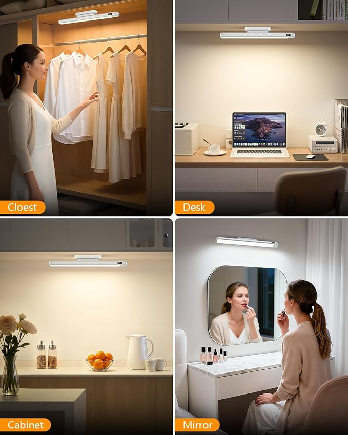 WILLED 3W Motion Sensor Rechargeable Light Bar with Remote, Eye-Care Under Cabinet Lights with Battery Level Display, Vanity Lights for Mirror, Led Light Bar for Cabinet, Closet, Desk and Bathroom