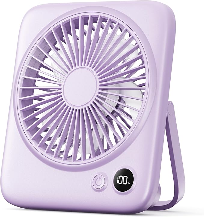 Otlonpe Portable Desk Fan 6.5 Inch, 4000mAh Rechargeable Battery Operated & USB Powered, 23Hrs Cordless Small Personal Fan 4-Speed Quiet for Office Travel Home Sleeping, Led Display, Foldable (Purple)