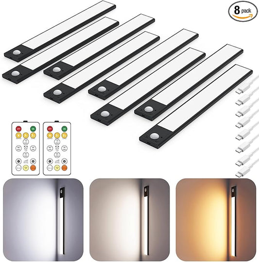 12" Ultra-Thin Under Cabinet Lighting Cordless, Aluminum Alloy Under Counter Lights for Kitchen, 3-Color-Temps Magnetic Closet Lights, Rechargeable Motion Sensor Light Indoor (8 Pack, Black)