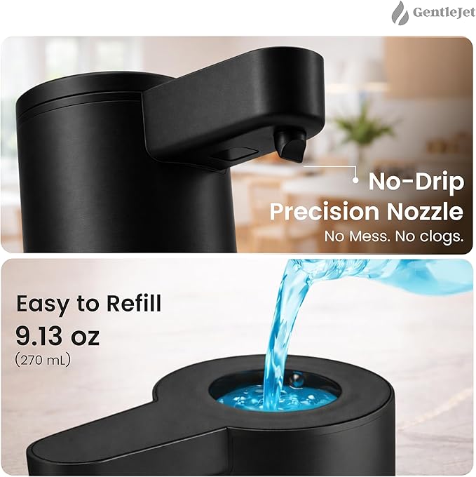 GentleJet OpalDrop Automatic Liquid Soap Dispenser for Kitchen Sink Touchless No-Drip Pump, USB-C Rechargeable, 304 Stainless Steel, IPX5 Water-Resistant, 270 ml