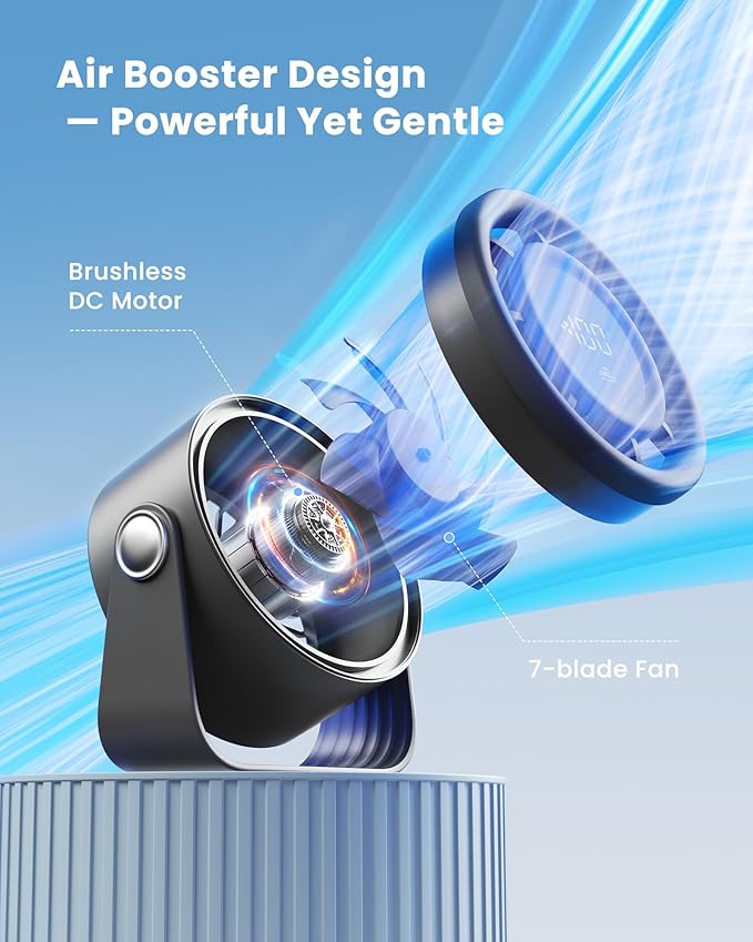 Gaiatop Small Desk Fan Rechargeable, Quiet Personal Table Fan, Touch Control Display, 360° Tilt, 5-Speed Strong Wind, 4000mAh Battery, Small Fans for Bedroom Dorm Office, Gifts for Women Men, Black