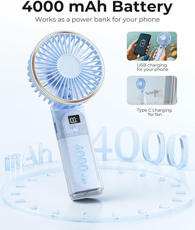 TUNISE Portable Handheld Fan, Portable Fan Rechargeable, 4000mAh, 180° Adjustable, 6 Speed Wind, Display Electricity in Real Time, USB Rechargeable Foldable Fan, Quiet Personal Fan as Power Bank