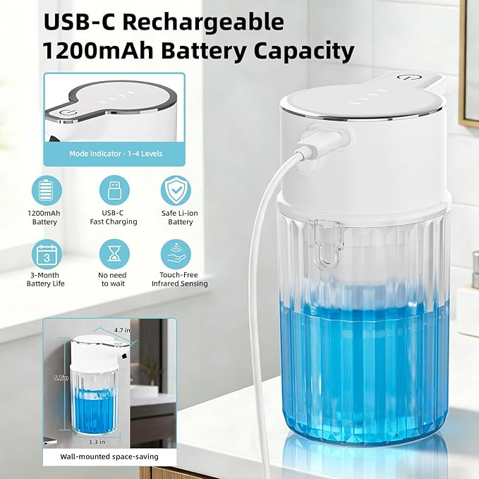 Automatic Liquid Soap Dispenser Touchless, Rechargeable Soap Dispenser,12oz/350ml Smart Hand Soap Dispensers,4-Level Adjustable,Wall Mount IPX5 Waterproof for Bathroom Kitchen