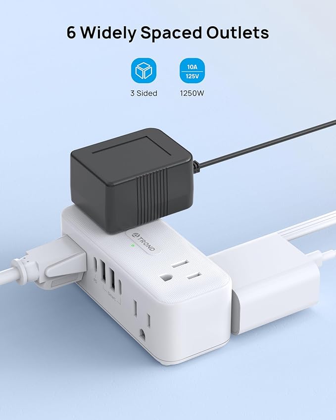 TROND 20W USB C Power Strip Surge Protector - 5ft Flat Plug Extension Cord with Multiple 6 Outlet, 4 USB, 900 Joules, 3 Sided Design, Mountable, Compact for Home Office Travel Dorm Room Essentials