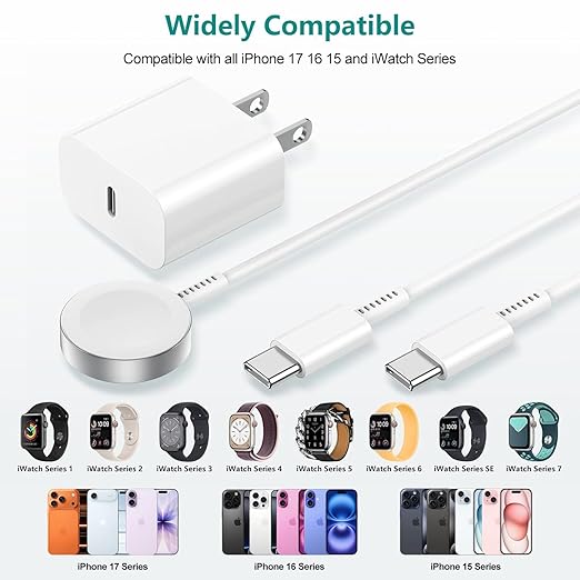 for 2 in 1 USB C Apple Watch Charger, iWatch Fast Charging Cable Cord 6ft and iPhone Type C Wall Charger Plug Block for Apple Watch Series Ultra/11/10/9/8/7/SE/6/5/4/3/2/iPhone 17 16 15 Pro Max/Plus