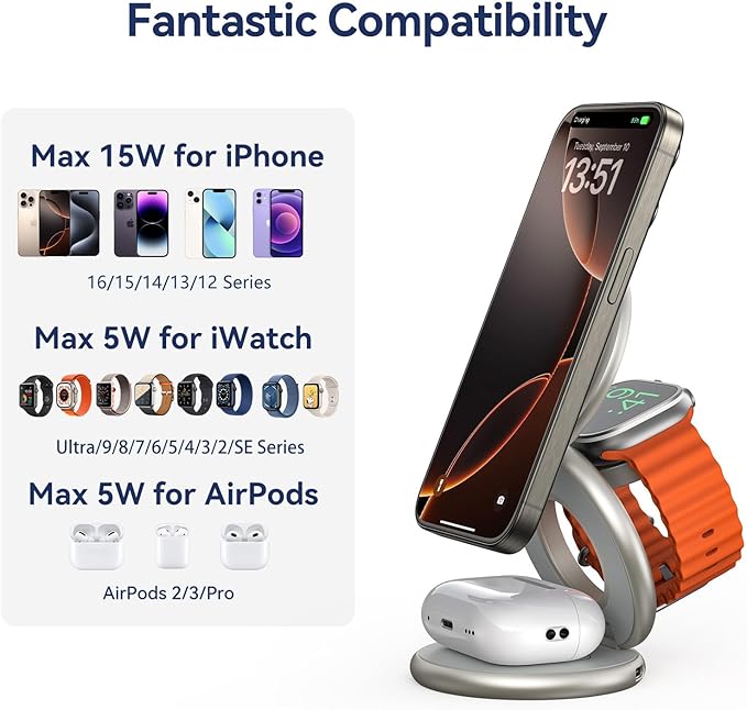 KU XIU X63 Natural Titanium 3 in 1 Charging Station for Apple, Aluminum Alloy Foldable Magnetic Wireless Charger, Travel Stand for iPhone 17/16/15/14/13/12, Apple Watch & AirPod,with 20W Adapter