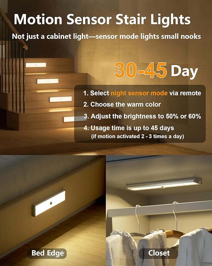 SZOKLED 58-LED Under Cabinet Lighting Wireless, RGB Motion Sensor Night Lights, Magnetic Under Cabinet Lights for Kitchen, Shelf, Stair, 15 Color (4 Pcs)