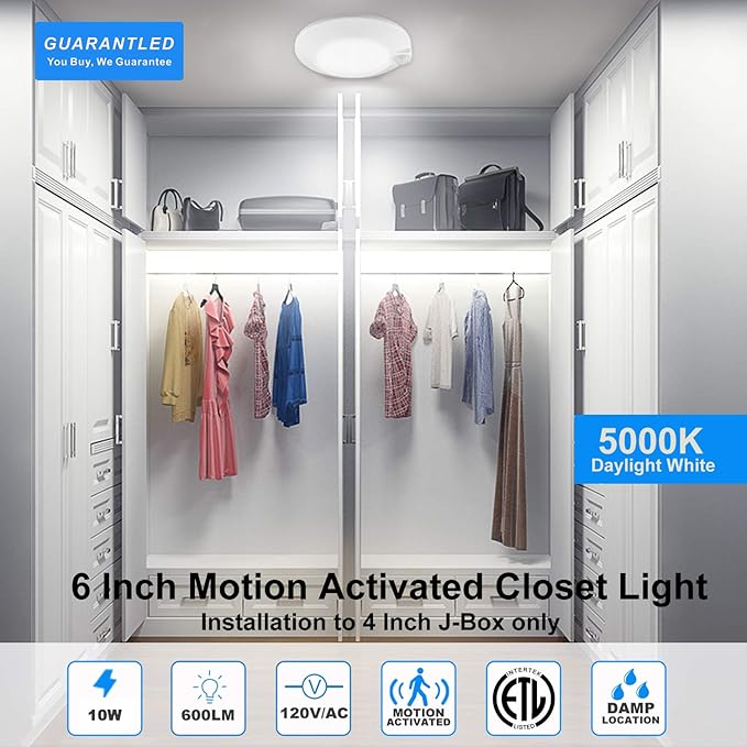 Closet Lights Motion Sensored Indoor Ceiling Mount LED-10W 5000K Closet Stair Porch Ceiling Pantry Motion Activated Light 6-7/8 Inch 90CRI 600lm Hardwire to Junction Box, No Battery, Damp Rated 4 Pack