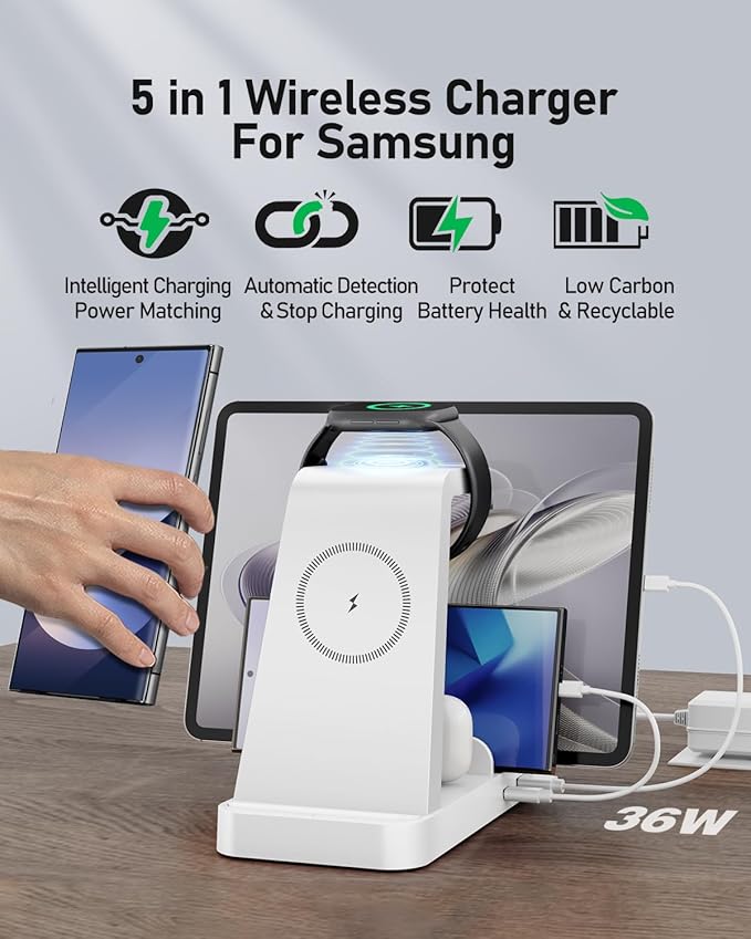 5 in 1 Wireless Charger for Samsung, Wireless Charging Station for Multiple Devices, Fast Charger Stand for Samsung Galaxy S26 S25 S24 S23 S22 Note 20 10 Z Fold 7 6 Galaxy Watch 8 7 6 5 Buds,White
