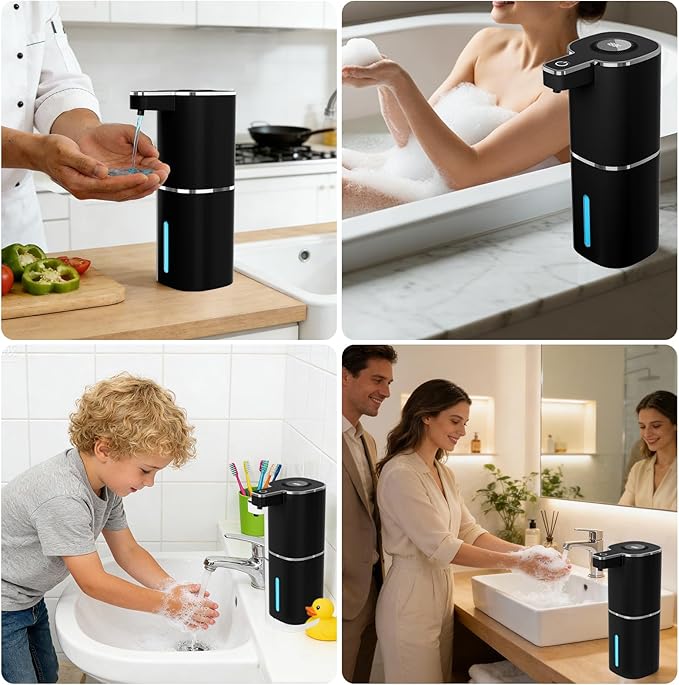 Automatic Liquid Soap Dispenser, Touchless Rechargeable Hand Soap Dispenser, 4 Adjustable Levels, 1200mAh Battery, Large Display, for Kitchen & Bathroom (Black, Liquid)