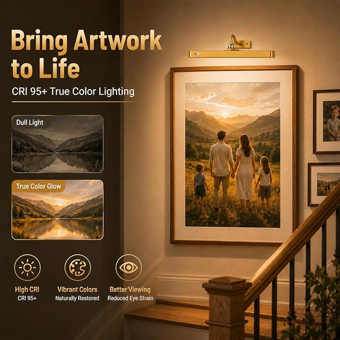 TANBABY 6000mAh Rechargeable LED Picture Lights with Motion Sensor, 3 Color Temps & 5 Levels Brightness Art Light, Cordless Remote Control Magnetic Wall Light for Hallway, Living Room(Gold-2Pack)