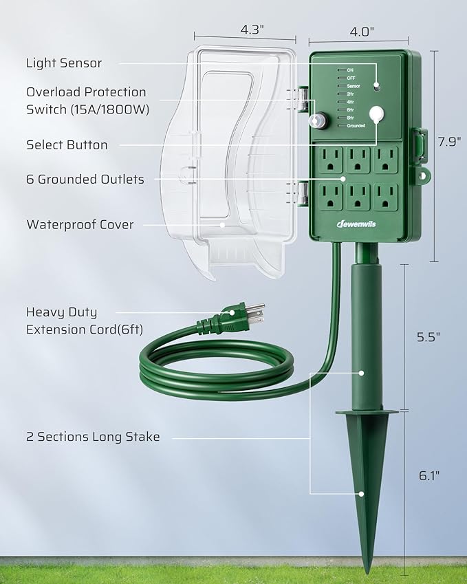 DEWENWILS Outdoor Power Stake Timer, Waterproof Dusk to Dawn Timer with 6 Grounded Outlets, 6FT Extension Cord, 1800W/15A Heavy Duty Outlet for Lights, Yard, Garden, ETL Listed