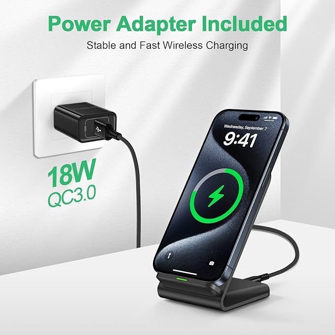 Foldable Samsung Wireless Charger Fast Charging Stand Wireless Android Desk Phone Charger Pad 15W for Samsung Galaxy S25 Edge S25 Ultra S25 Plus S24 S23 S22, iPhone 16e/16 Plus/Pro, with 18W Adapter