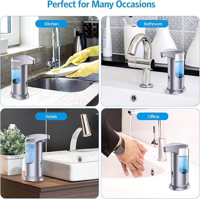 AMIR 12.5oz Touchless Automatic Soap Dispenser, Battery Operated Automatic Liquid Hand Soap Dispenser, Adjustable Volume, Water-Resistant for Kitchen and Bathroom