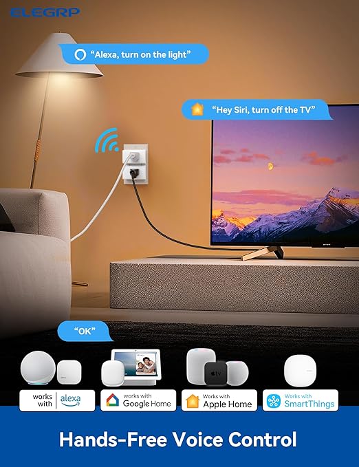 ELEGRP Matter Supported Mini Smart Plug, Smart Outlet 15A/1800W Max, Compatible with Apple Home, Siri, Alexa, Google Home, SmartThings, Compact Design, UL Certified, 2.4G Wi-Fi Only, White, 2 Pack