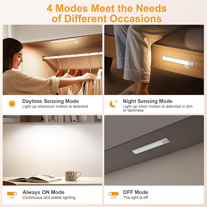 Gritin 10.2inch Under Cabinet Lighting Rechargeable 2 Pack- 3 Color Temps&5 Level Brightness, Super Bright, 4 Modes, Motion Sensor, Long Lasting - Easy Installation Magnetic Under Closet Lights