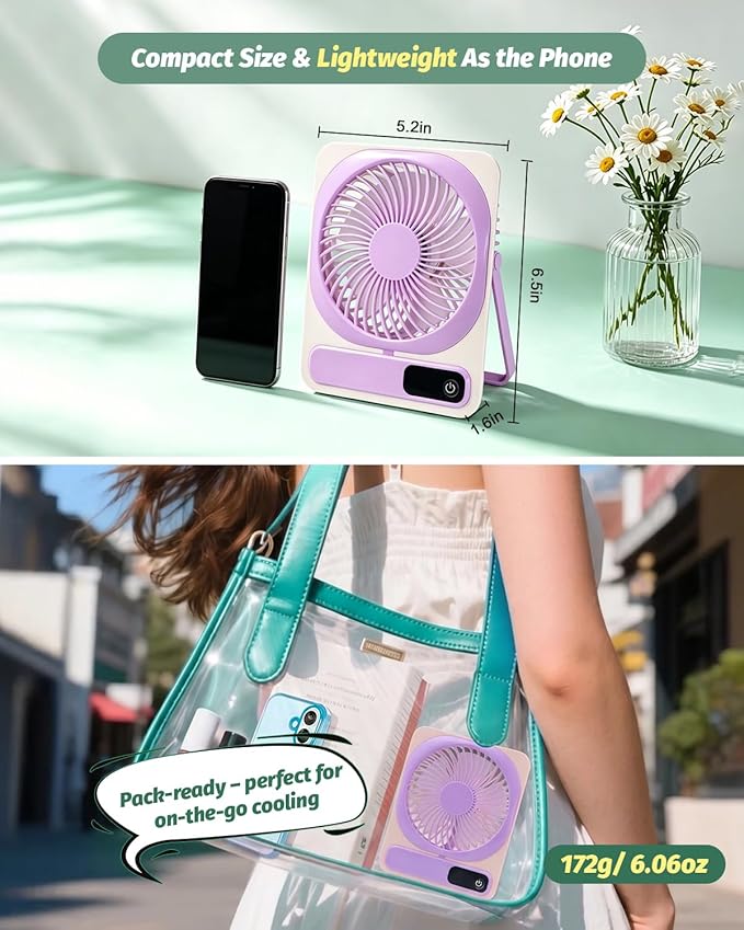 Portable Folding Desk Fan, 5-Speed Quiet Personal Fan w/180° Adjustable Stand & Strong Airflow, 2000mAh Rechargeable Battery Operated Small Fan for Home Office Travel, Tabletop or Hanging Use