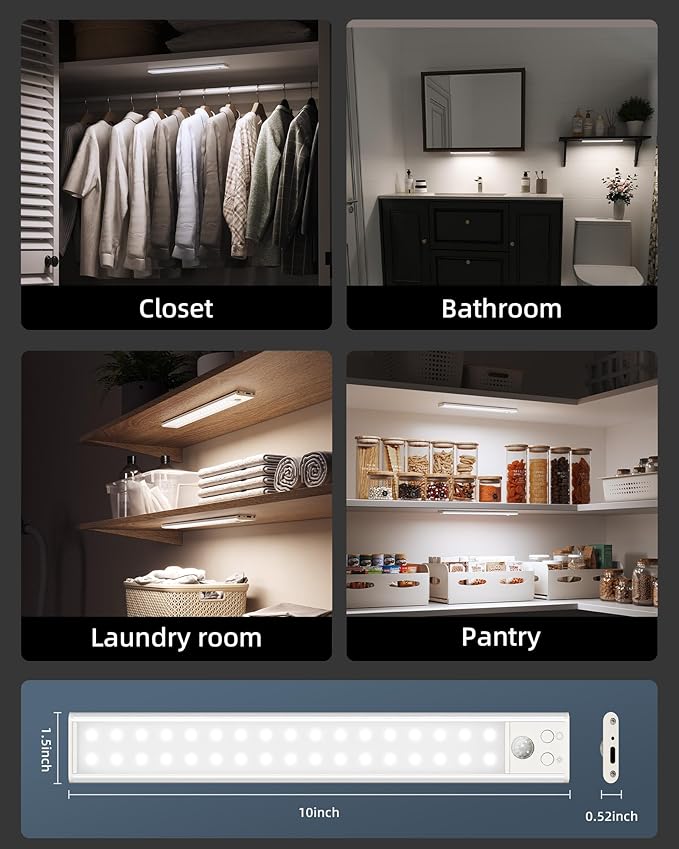 10inch Under Cabinet Lights, Wireless Closet Light, Motion Sensor, 1800mAh Rechargeable Battery, Magnetic, 3 Color Temps, 5 Levels Dimmable, Under Counter Lights for Kitchen (2 Pack)