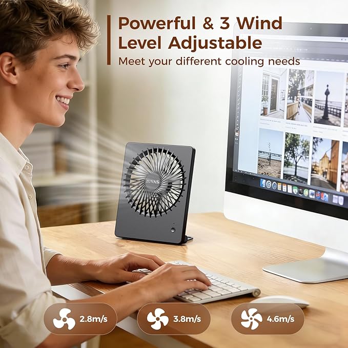 Zuvas Desk Fan Battery Operated Fan Rechargeable 180°Tilt Folding Personal Fan Ultra Quiet Small Portable 3 Speed Adjustable Strong Wind Fan For Office Bedroom Home Desktop Camping (Black)