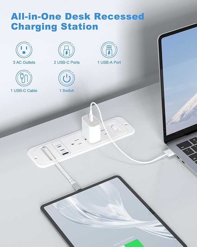 Recessed Power Strip with Retractable USB C Cable,2 PD 65W USB C Fast Charging,Flush Mount Countertop Drawer Outlet, Furniture Hidden Outlet for Side Table,End Table,3 Outlets (White, 6FT-65W)