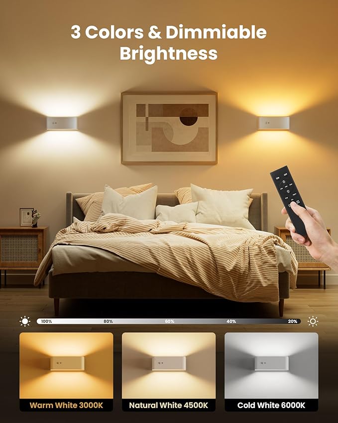 Motion Sensor Wall Sconce Indoor, 3 Colors Cordless Wall Lamp LED Wall Sconces Rechargeable Lamp, Remote Control, 8000mAh Battery Operated Wall Lights Brightness Adjustable for Bedroom White 1P