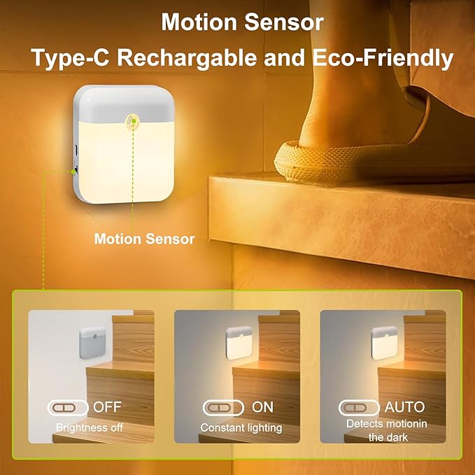 2 Pack Motion Sensor Night Light, Rechargeable Battery Night Lights Warm White, Portable Mini Motion Activated Night Light for Wall, Hallway, Kids Room, Stairway, Cabinet