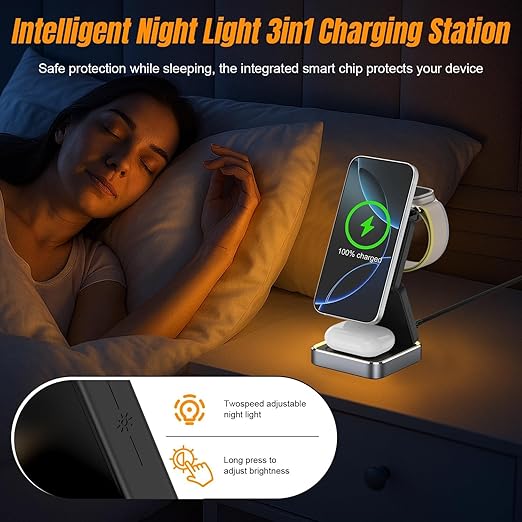 Wireless Charging Station 3 in 1 for Apple Devices, Foldable Magnetic MagSafe Charger Stand, Portable Fast Travel Charger for iPhone 17 Pro Max/ 17 Air/16/15/14/13/12/11/Apple Watch Series/Airpods