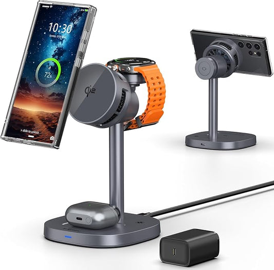 Magnetic Wireless Charger for Samsung, Qi2 Android Charging Station with TEC Cooling Fan, 3 in 1 Nightstand Organizer for Samsung Galaxy S26 Ultra, Galaxy Watch Ultra 8, Buds4 Pro