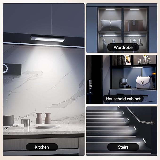 Under Cabinet Lighting, Rechargeable Closet Lights, LED Magnetic Motion Activated Under Cabinet Lights 1800mAh Battery Operated, Wireless Dimmable Under Counter Lights for Kitchen,Stairs,Pantry 2 Pack