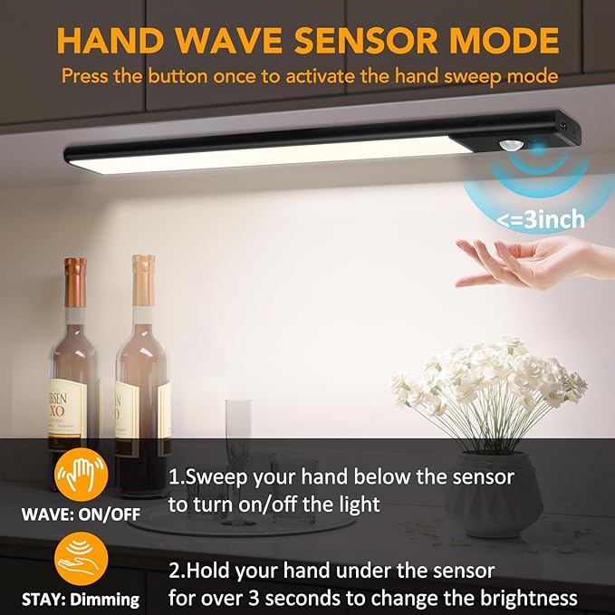 80 LED Motion Sensor Under Cabinet Lights with Hand Wave, 3 Color Temps Indoor Dimmable Closet Light, Rechargeable Wireless Magnetic Strip Night Lights for Hallway, Stairway, Wardrobe(2 Pack, 12 inch)