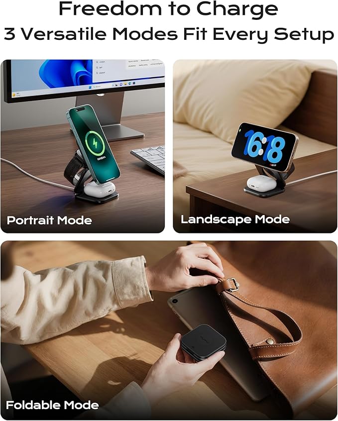 KU XIU Qi2.2 25W Magnetic Wireless Charger, Foldable 3 in 1 Travel Charging Station for iPhone 17/16/15/14/13/12, 5W for Apple Watch & AirPods, Aluminum Alloy Design, 45W GaN Adapter Included, Black